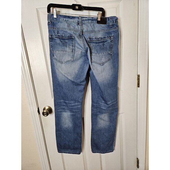 Decibel Distressed And Patches Straight Leg Mens Blue Jeans Size 34x32 - Picture 7 of 10